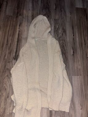 aerie Cream Hooded Open-Front Knit Cardigan